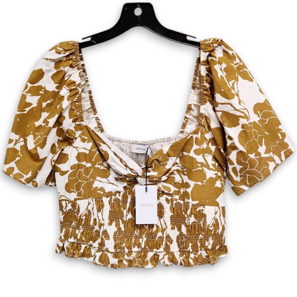 $106 NEW Greylin Kunis Smocked Cotton Blouse Twist Bust Sundial Golden Brown L